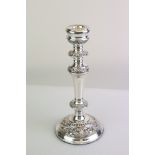 20th century silver candle stick, baluster knopped form, foliate scroll decoration in relief, makers