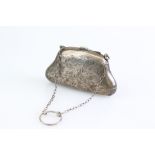 Silver coin purse, bright cut foliate scroll decoration, finger chain, leather lined, makers E J