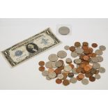 A small collection of United States of America coins together with a 1923 one dollar banknote.