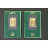 Two Royal Mint Refinery Au 999.9 10g gold bars complete with certificate numbers in sealed sleeves.
