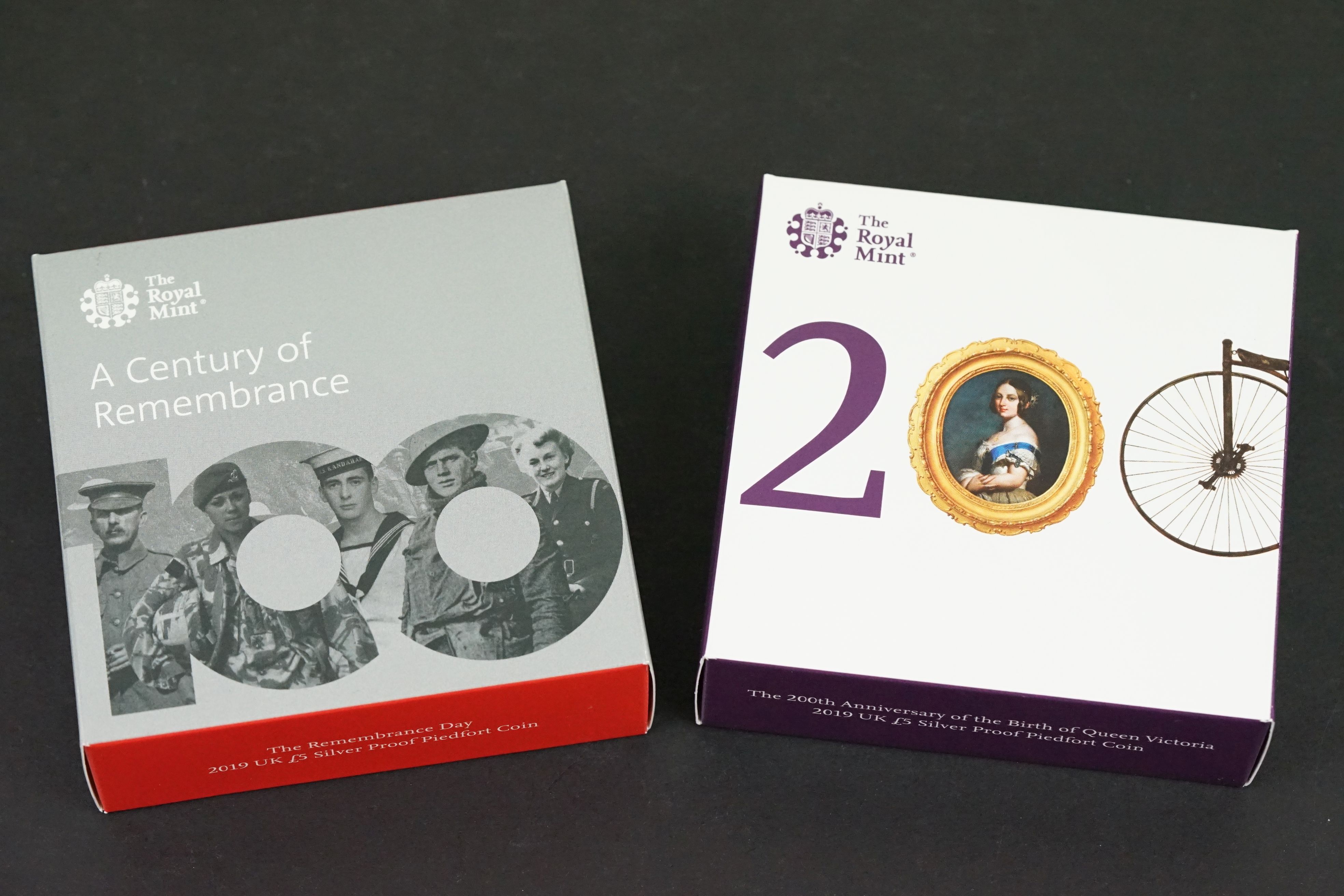 Two Royal Mint United Kingdom 2019 £5 silver proof piedfort coins to include The Remembrance Day and