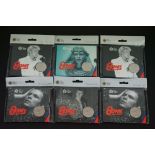 A collection of six The Royal Mint David Bowie £5 commemorative coins, in sealed packets.