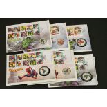 A collection of six Marvel BU & Silver Medal & stamp covers to include Spiderman, Hulk & Avengers