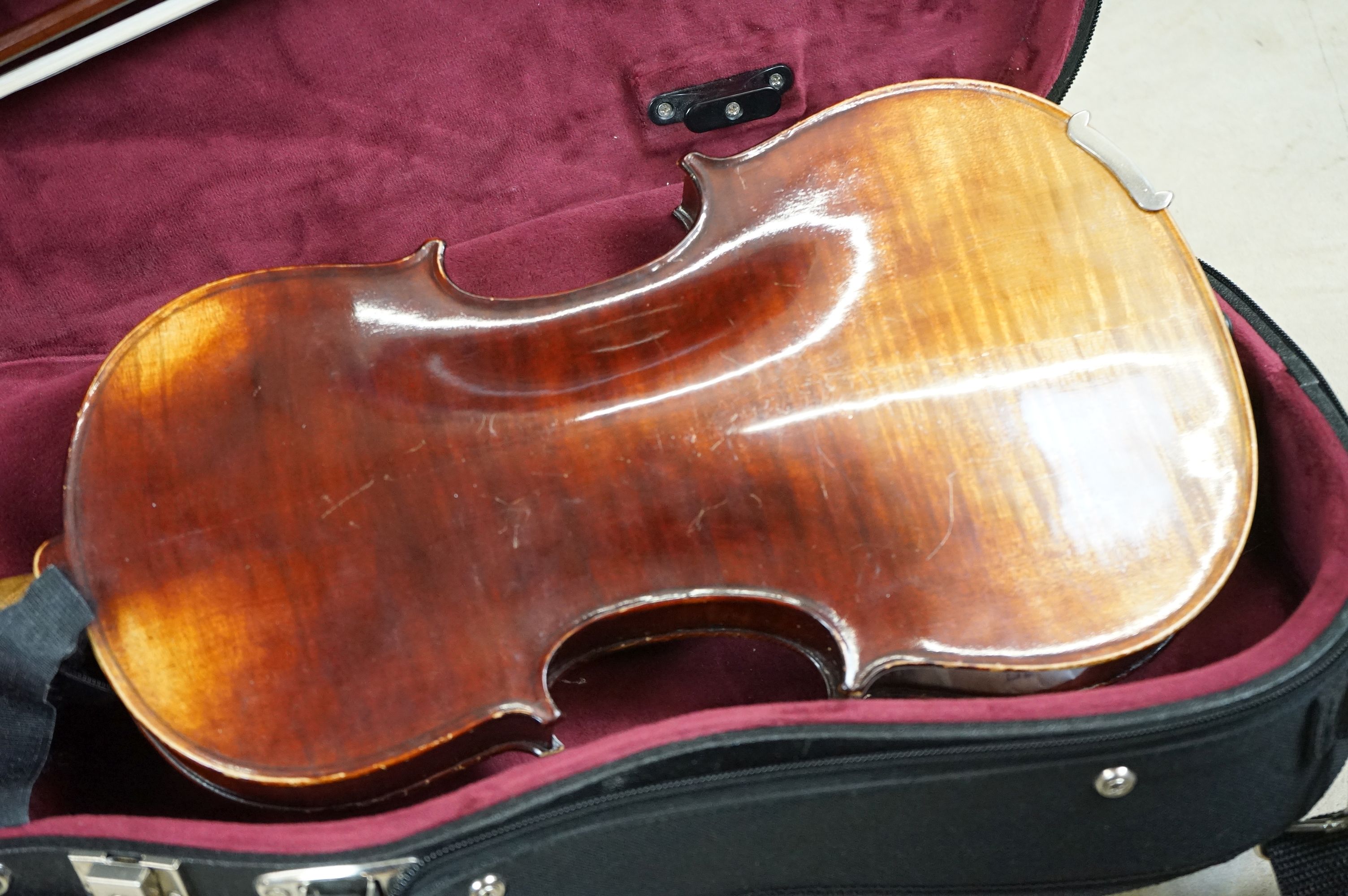 A violin and bow, unmarked, possibly German (Length of back 34cm) with Everest support together with - Image 6 of 11