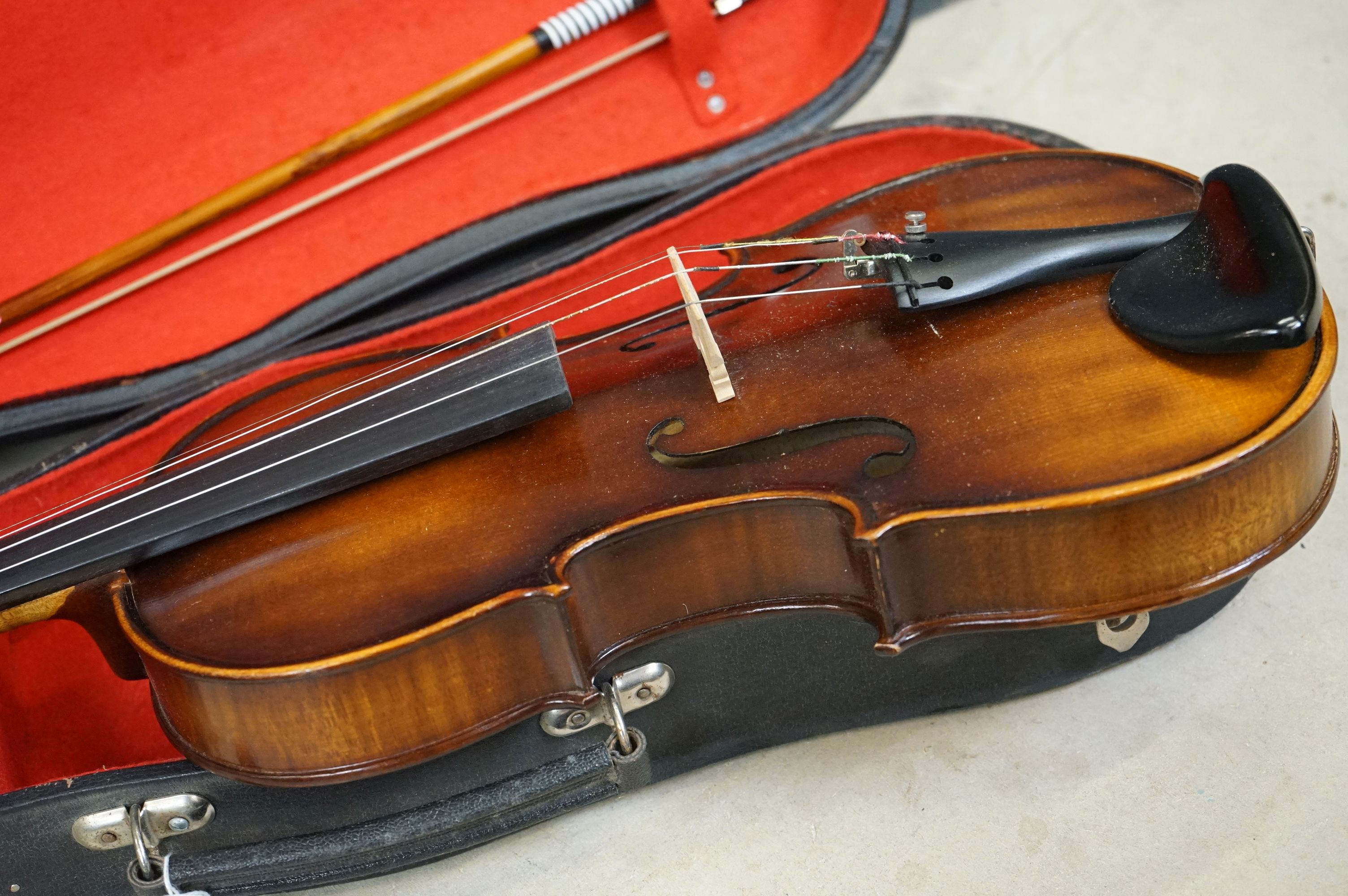 A violin and bow together with hardcase, import label for Boosey & Hawkes to inside of violin. - Image 4 of 10