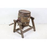Early 20th century Small Table Top Iron Bound Oak Butter Churn on Stand marked ' Shakespearian Rd