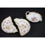 Pair of Dresden Porcelain Kidney Shaped Side Dishes with floral sprays decoration and gilt