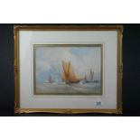 G E Dawson 19th century watercolour of fishing boats in a heavy swell