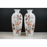 Pair of antique opaline glass vases with hand painted leaf decoration, 32cm tall