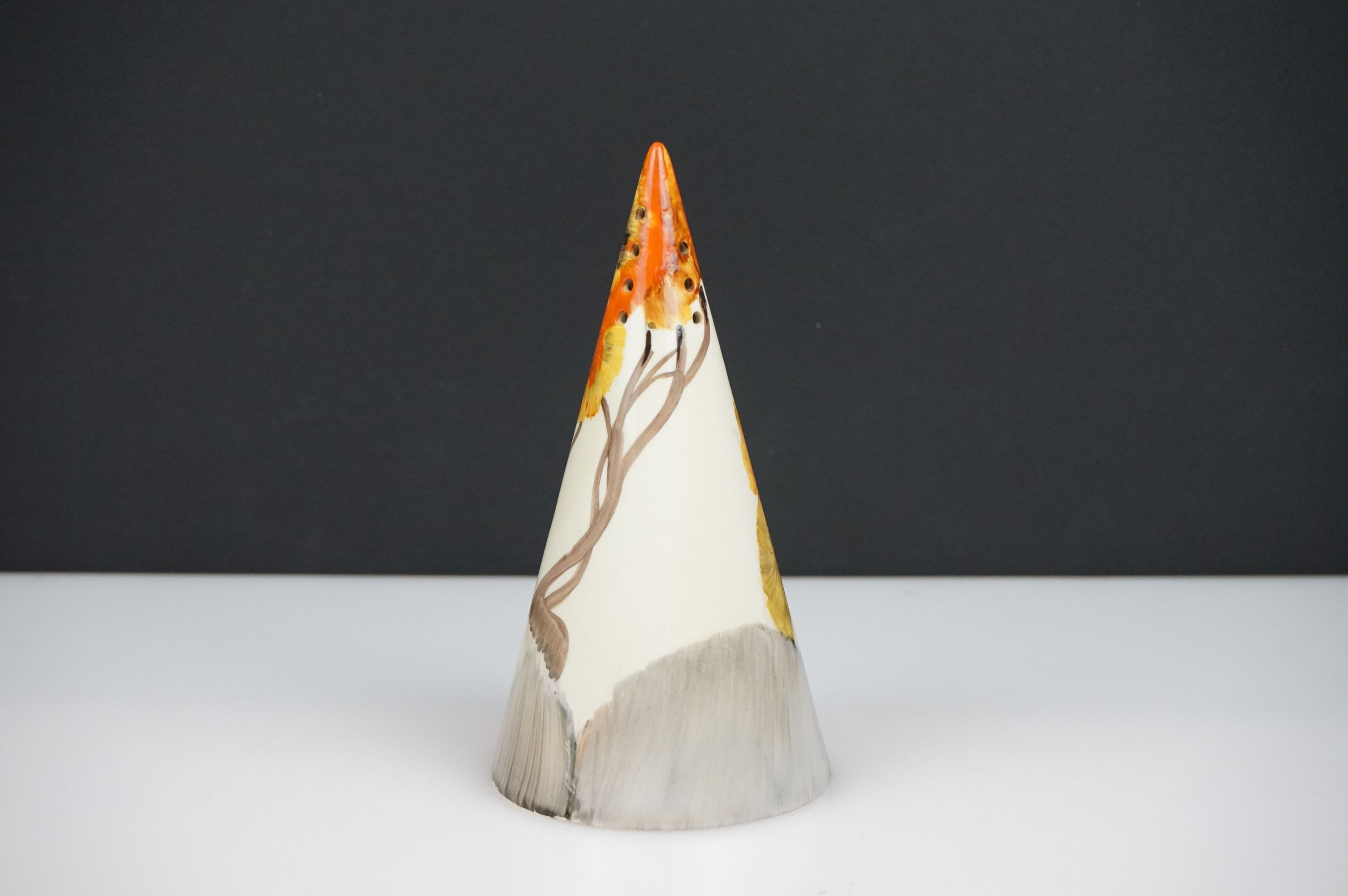 Clarice Cliff Bizarre Conical Sugar Shaker decorated in the Rhodanthe pattern, 15cm high