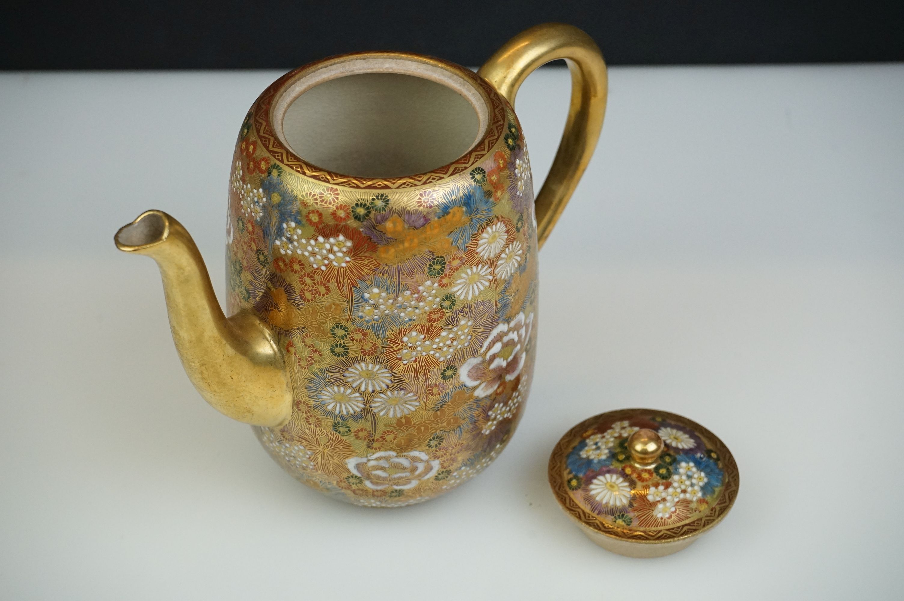 Japanese Satsuma Three Piece Coffee Set decorated with flowers on a gilt ground, marks to base, - Image 6 of 8