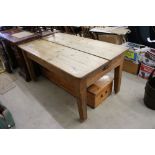 Late 19th / Early 20th century Pine Plank Top Table with drawer to one end, raised on square