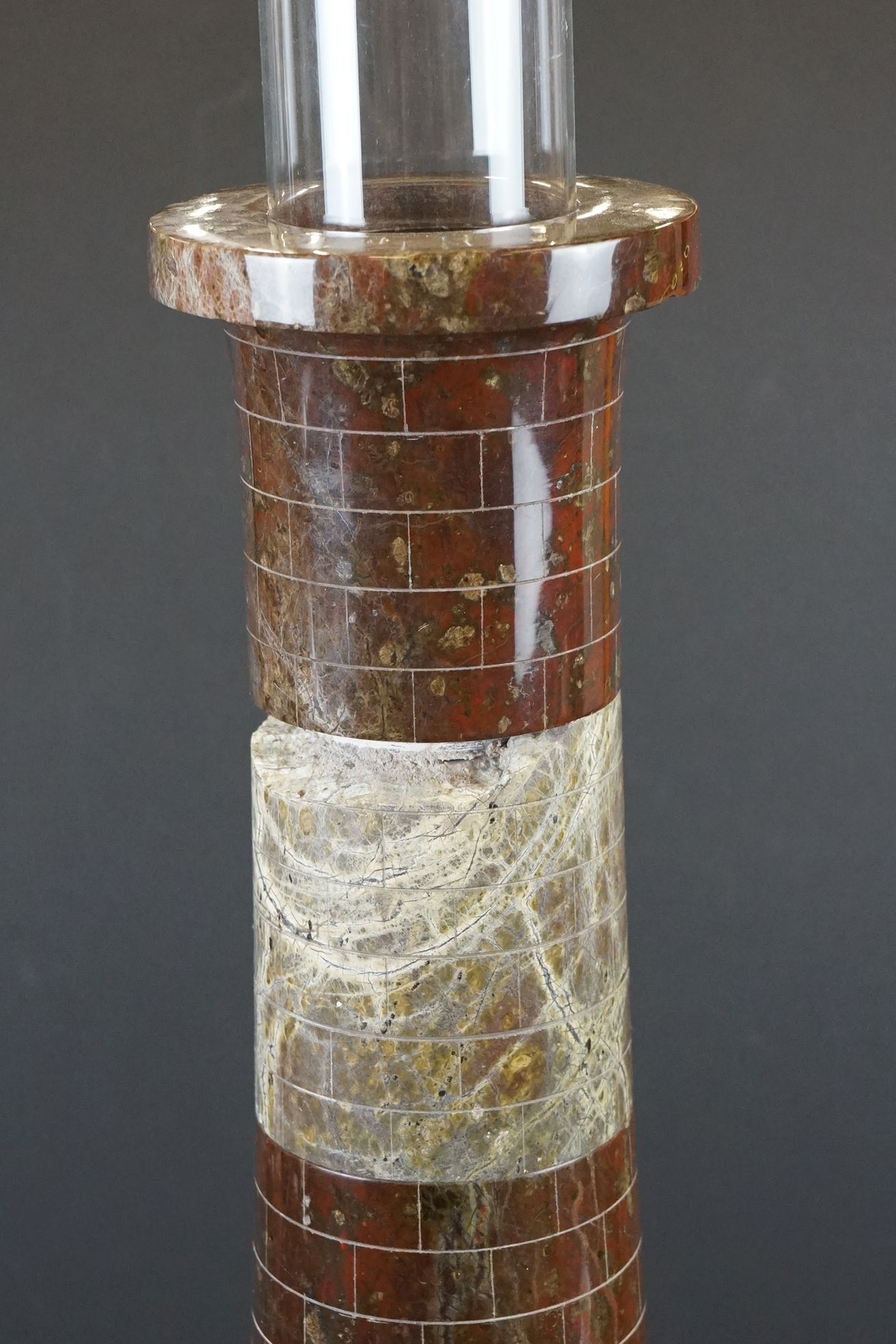 Large Cornish Serpentine Stone Lighthouse Table Lamp, the main body formed from bands of red and - Image 2 of 7