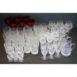 Collection of crystal cut glass to include 2 sets of 6 wine glasses with knop stems, 8 tumblers, 6
