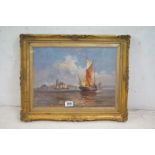 Oils on board of fishing boats in calm waters with city in background, with swept gilt frames
