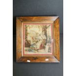19th century Needlework of Man playing a lute to a couple, 29cm x 26cm, Rosewood framed and glazed