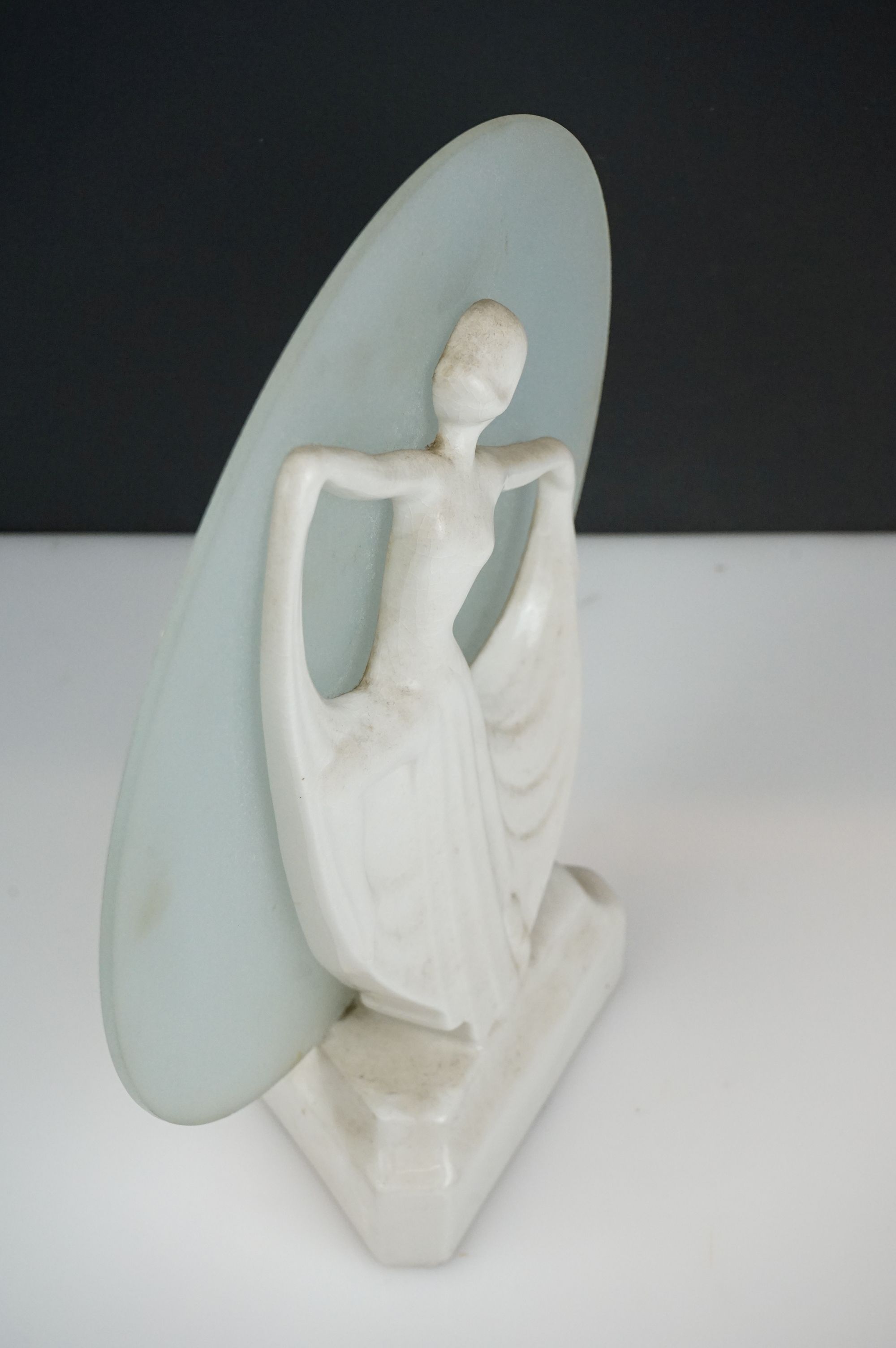 Art Deco White Ceramic Table Lamp in the form of Dancing Lady in front of a frosted glass circular - Image 2 of 3