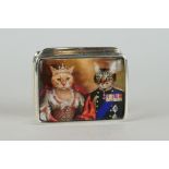 Silver pill box with enamel lid depicting two royal cats