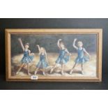 Oil Painting on Board of Four Girl Ballerinas dressed in blue ballet dresses, monogram signature,