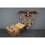 Antique wooden bracket shelf together with an Anglo Indian Carved Teak Cigarette Box