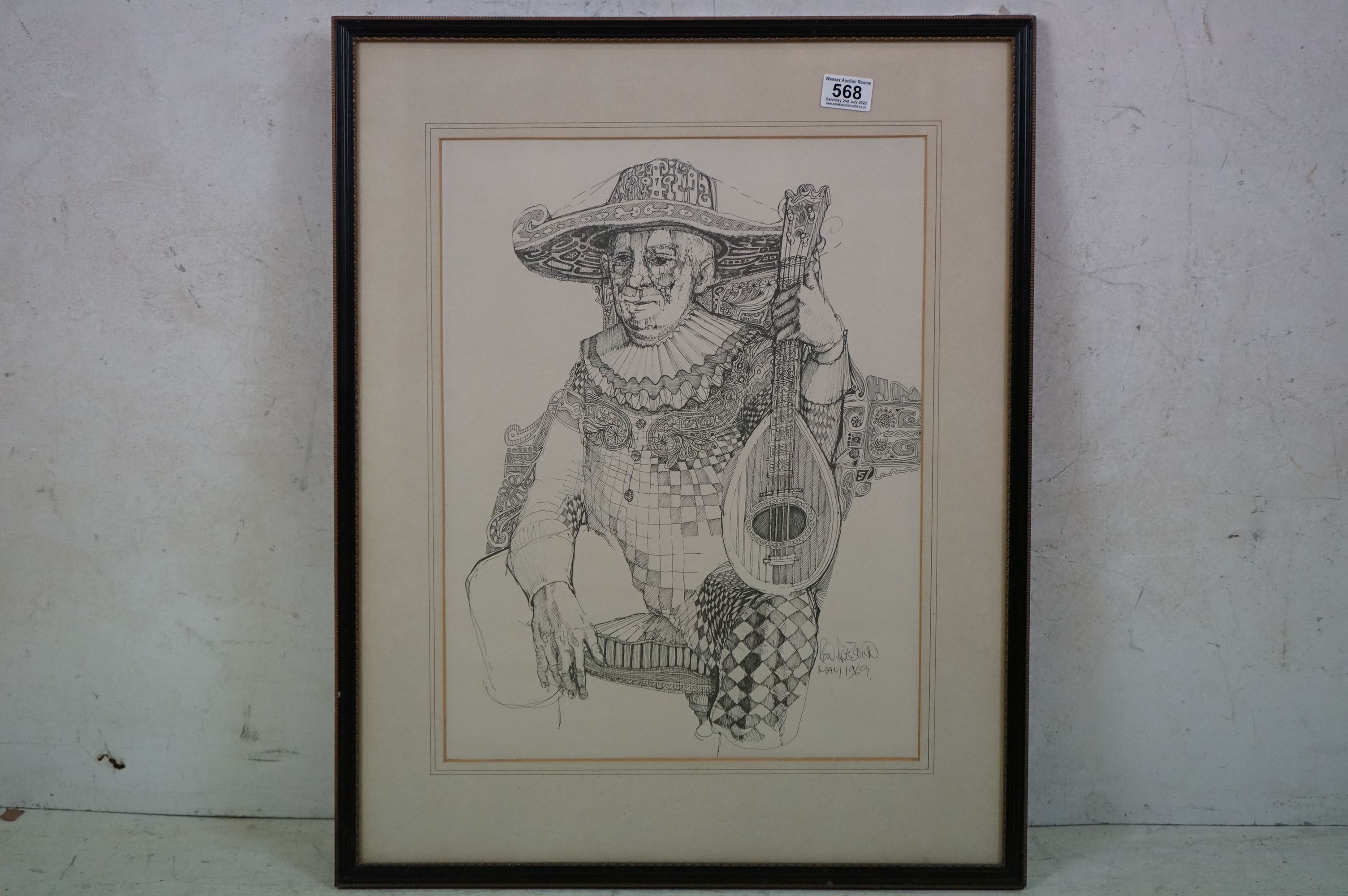 Ron Freeborn (1936-2021) signed illustration portrait of a Venetian mandolinist