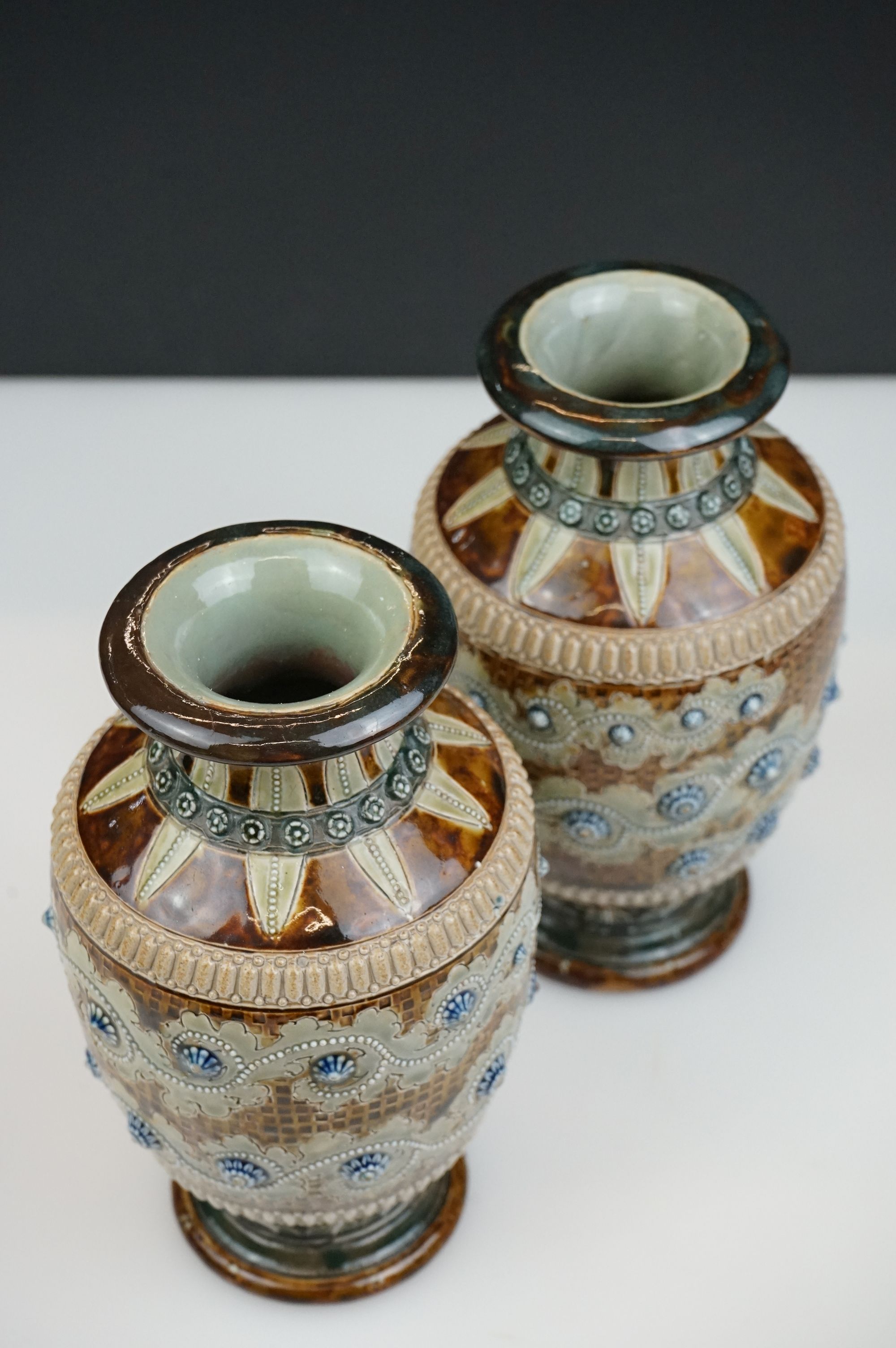 Pair of 19th century Doulton Lambeth Stoneware Vases, signed EM (Emma Martin), 20cm high - Image 2 of 6