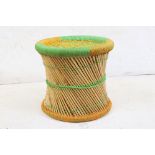 Mid century Retro Wicker Stool with Green and Yellow String Seat, 38cm wide x 35cm high