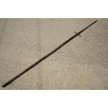 Japanese Polearm Yari with flattened triangular iron head and small iron crosspiece, approximately