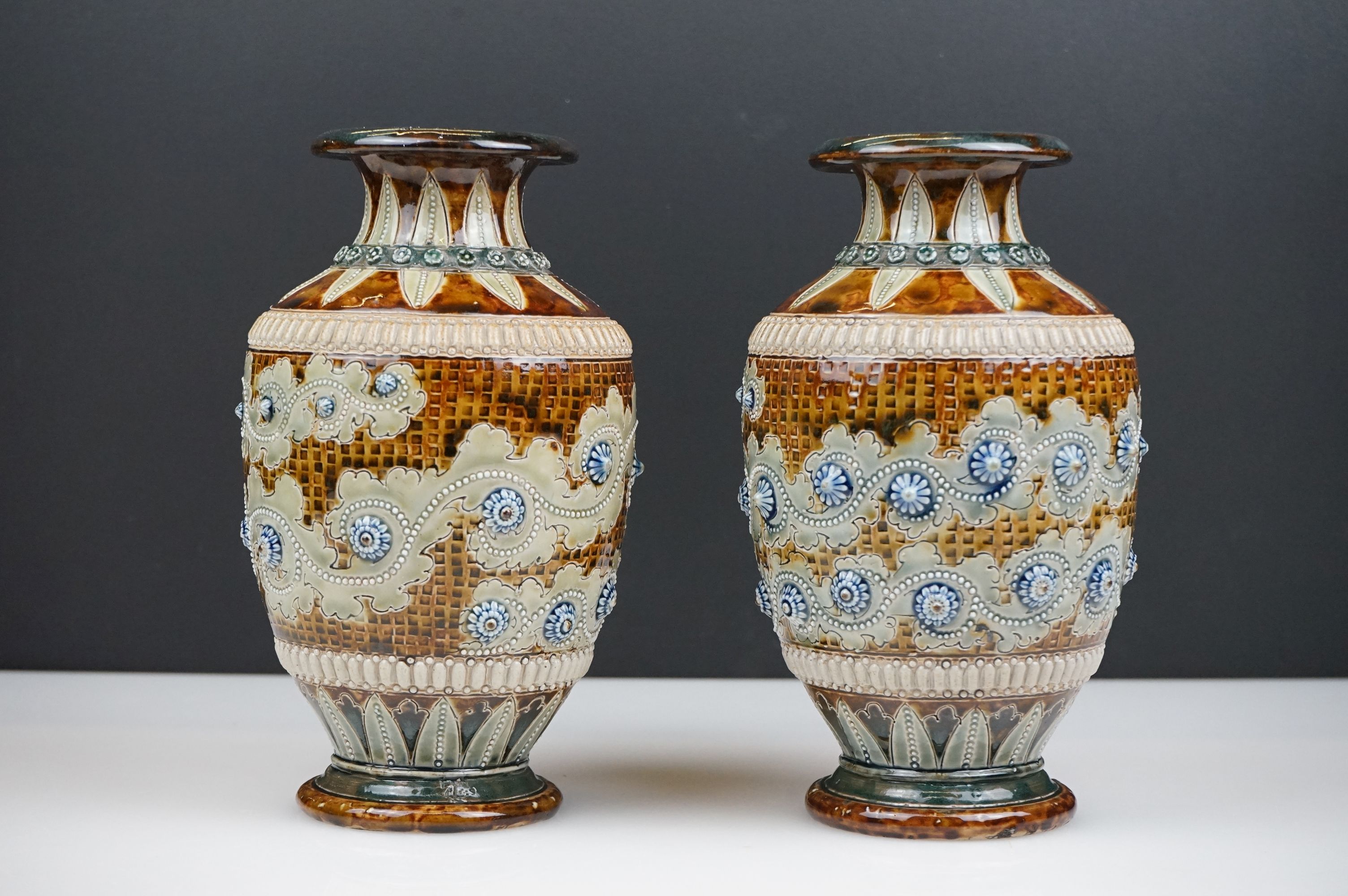 Pair of 19th century Doulton Lambeth Stoneware Vases, signed EM (Emma Martin), 20cm high