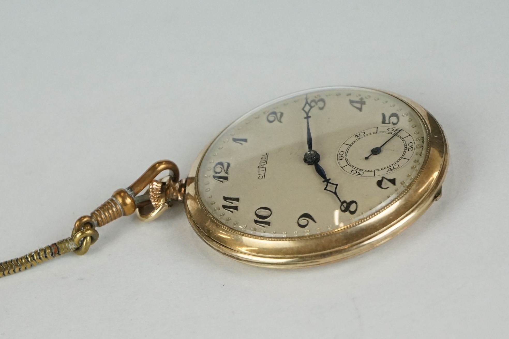 Rolled gold open faced Citadel pocket watch with gilt Albert chain - Image 2 of 5