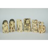 A collection of six Chinese carved bone figural netsuke, many signed to base.