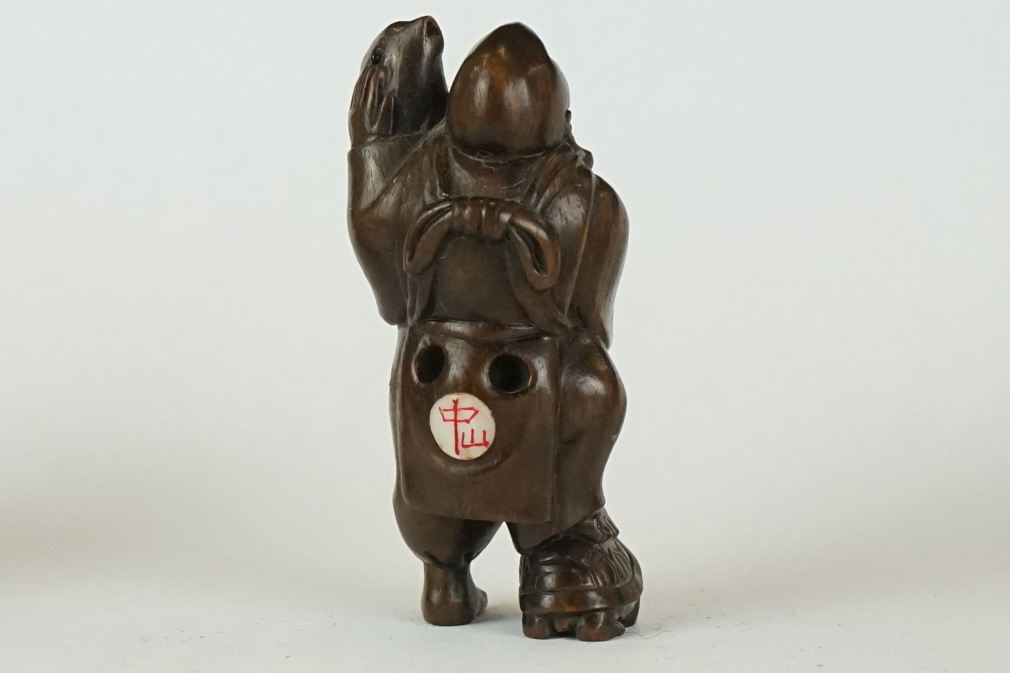 A collection of four Chinese carved wooden netsuke of figural form to include a Mermaid and a - Image 11 of 17