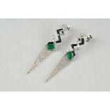 Pair of silver Art Deco style drop earrings, set with CZ and emerald-style cabochons