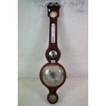 19th century Mahogany and Satinwood Inlaid Wheel Barometer with dry / damp dial, thermometer, convex