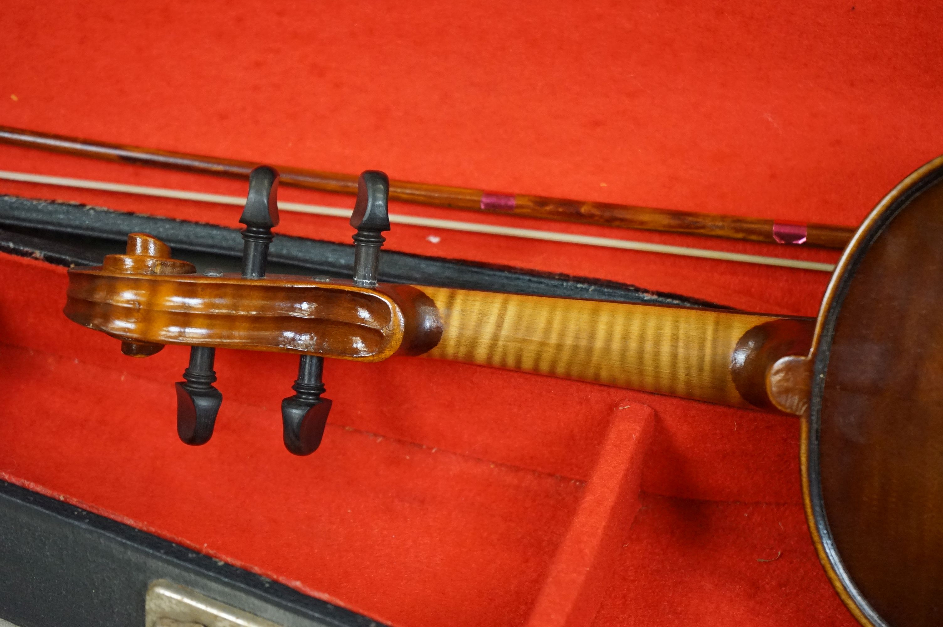 A violin and bow together with hardcase, import label for Boosey & Hawkes to inside of violin. - Image 6 of 10