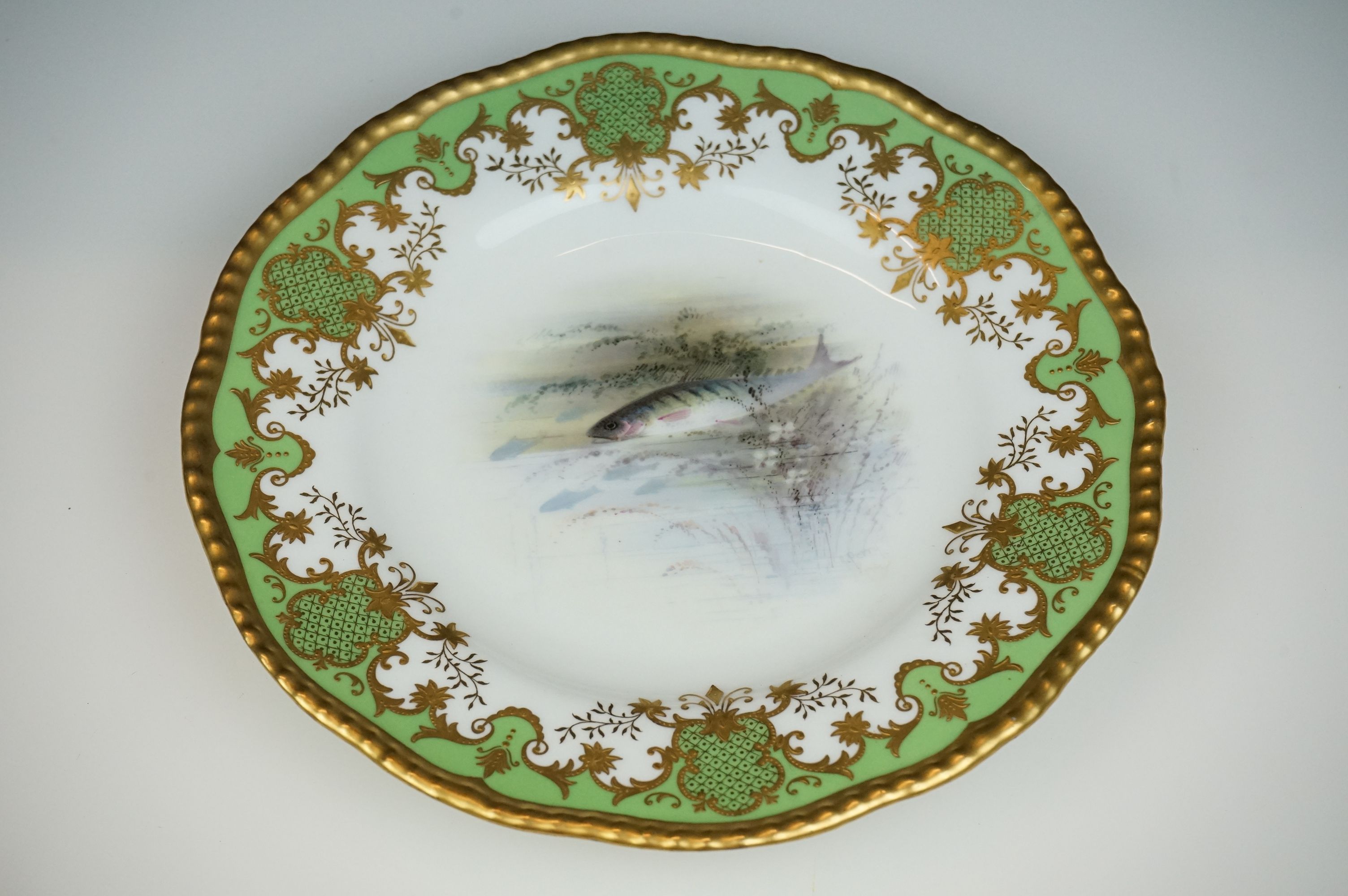 Pair of early 20th Century Coalport cabinet plates with green and gilt edged decoration, the centres - Image 3 of 9