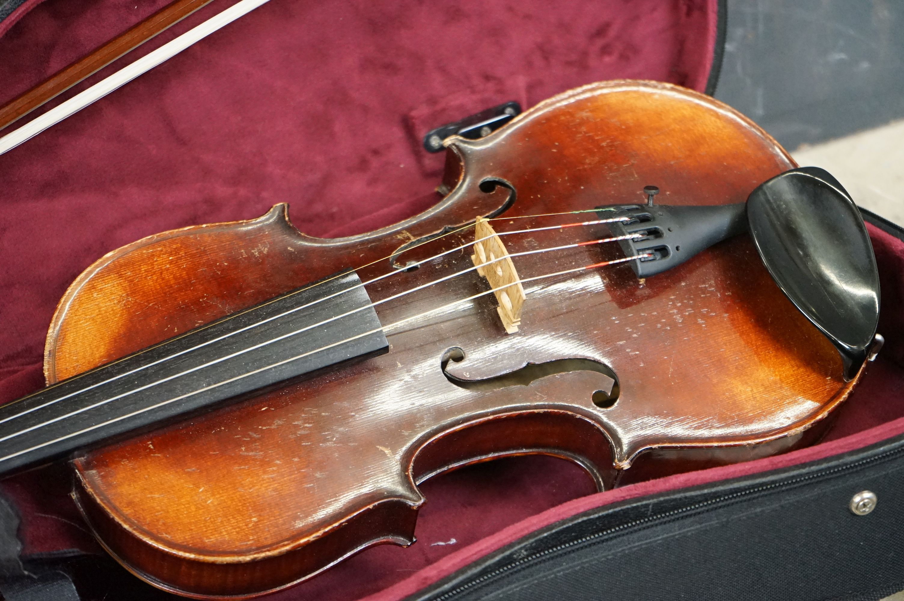 A violin and bow, unmarked, possibly German (Length of back 34cm) with Everest support together with - Image 2 of 11