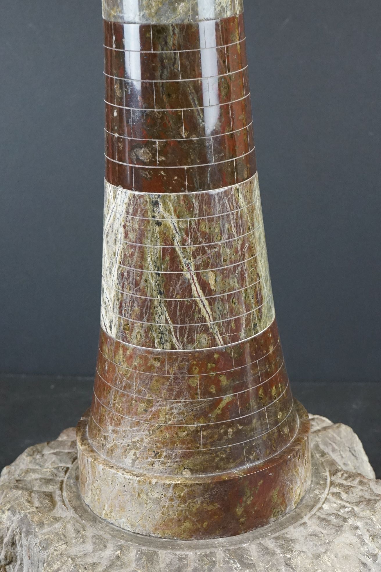 Large Cornish Serpentine Stone Lighthouse Table Lamp, the main body formed from bands of red and - Image 3 of 7