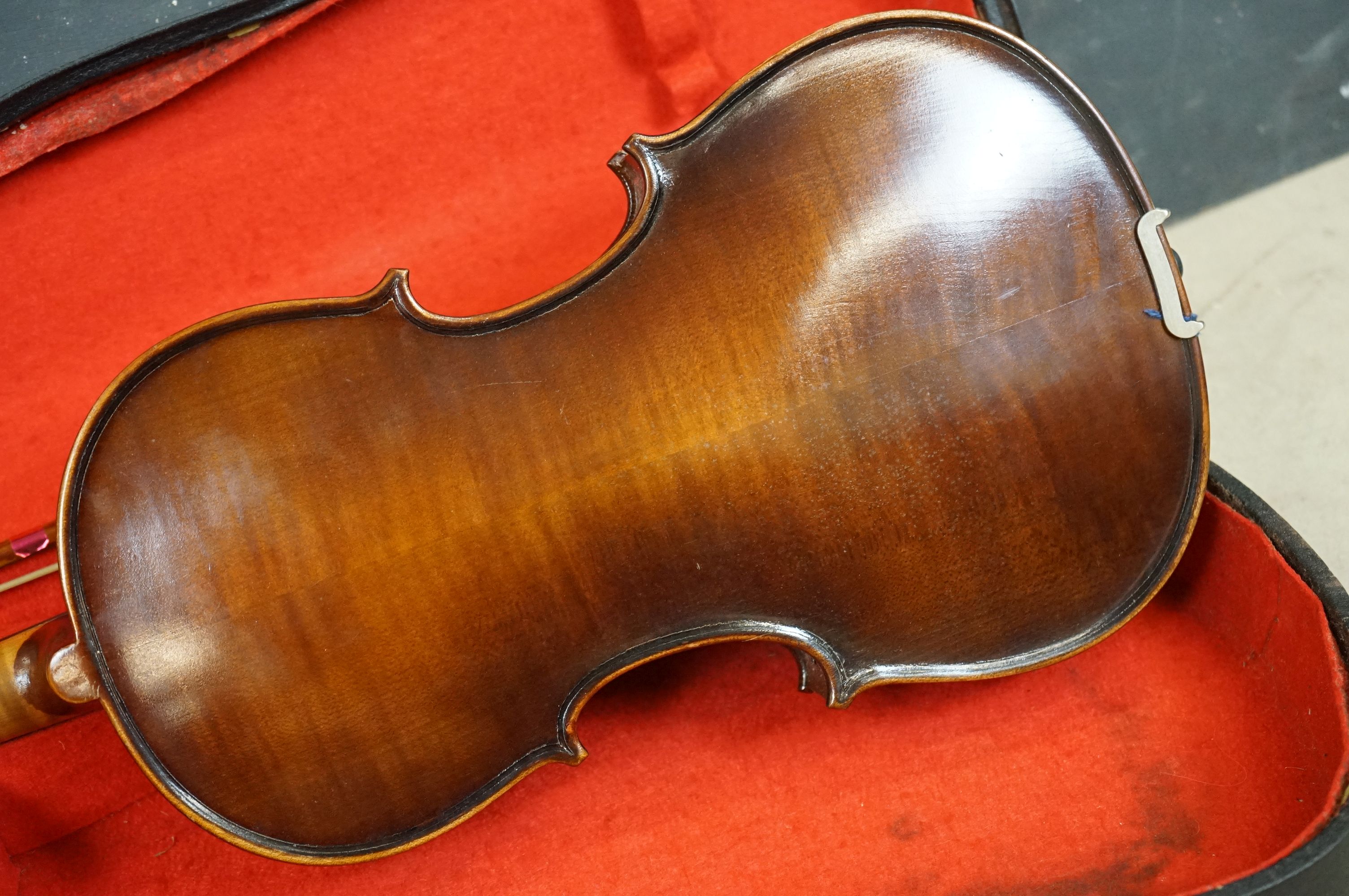 A violin and bow together with hardcase, import label for Boosey & Hawkes to inside of violin. - Image 5 of 10