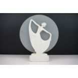 Art Deco White Ceramic Table Lamp in the form of Dancing Lady in front of a frosted glass circular