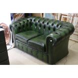 Small Green Leather Chesterfield Two Seater Sofa, 140cm long x 76cm deep x 72cm high