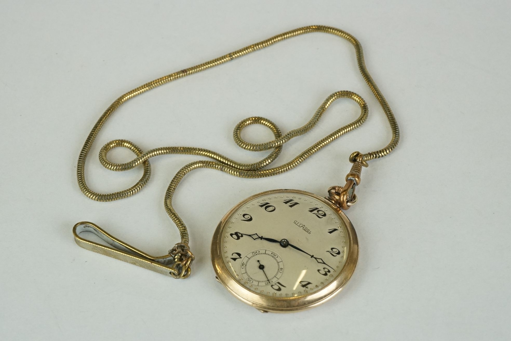 Rolled gold open faced Citadel pocket watch with gilt Albert chain
