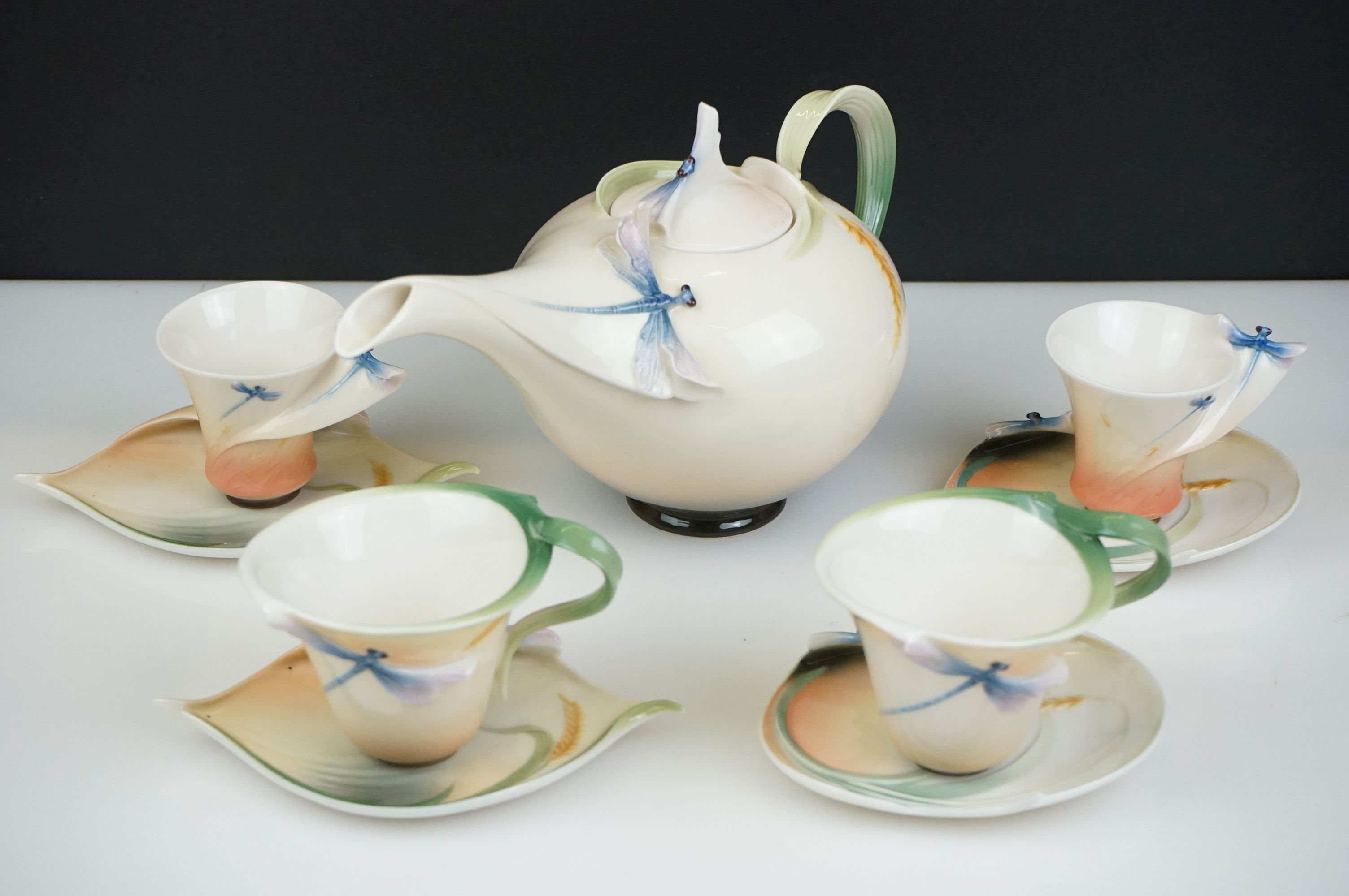 Franz Porcelain ' Dragonfly collection ' Tea ware including Tea Pot and Two Pairs of Cups and