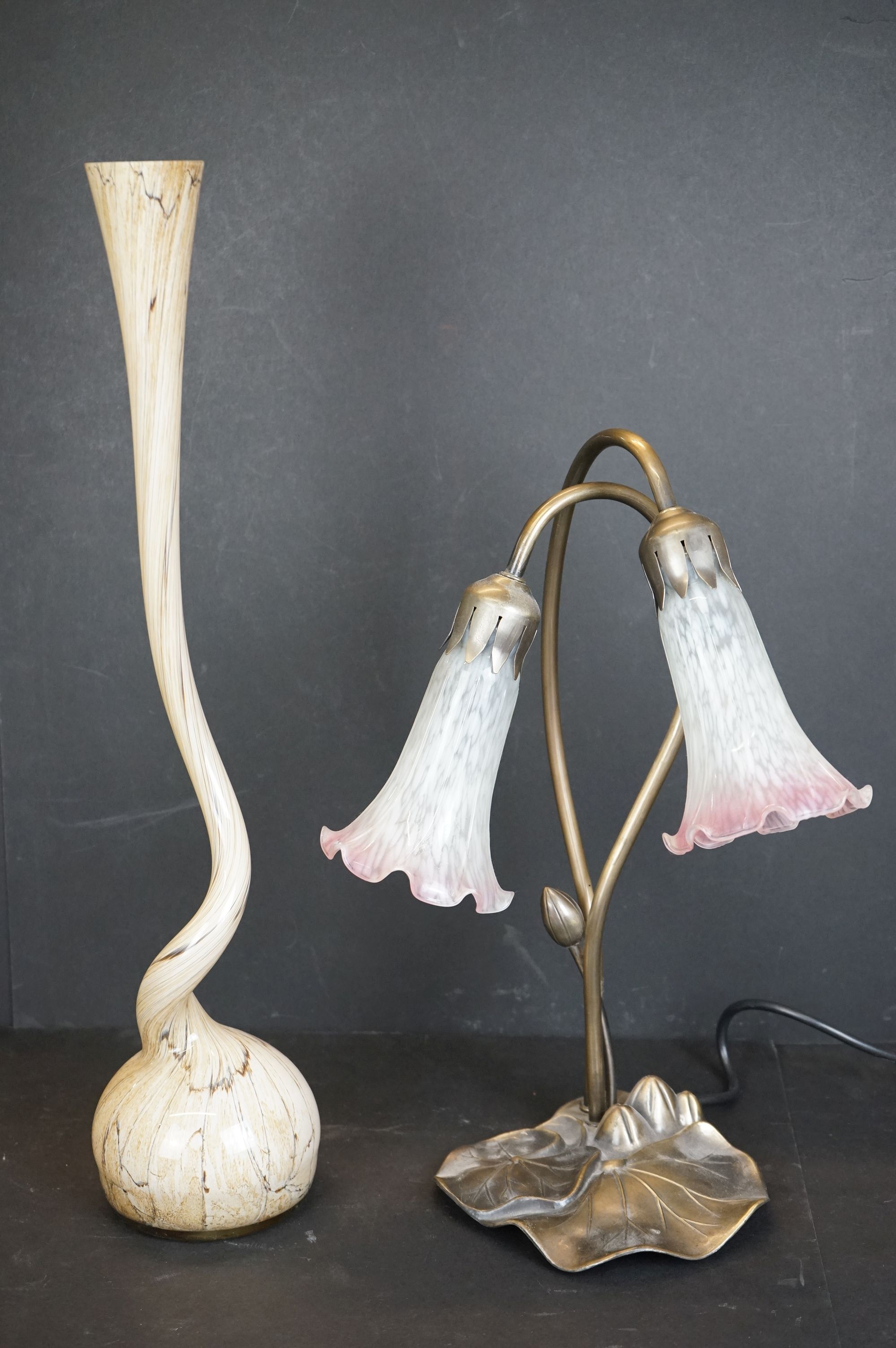 Bronze effect Table Lamp in the Art Nouveau manner of Lily form with two glass shades, 41cm high