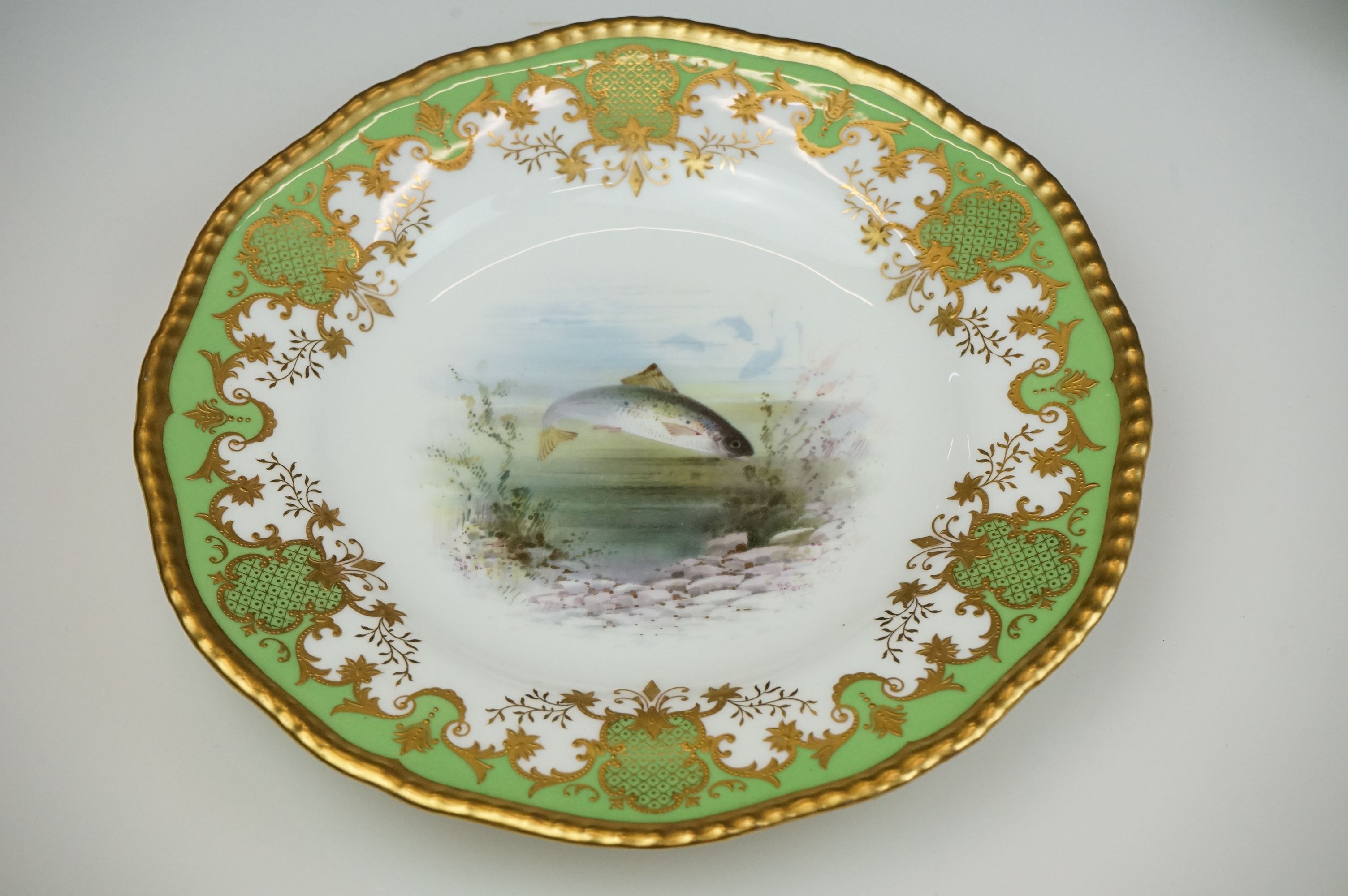 Pair of early 20th Century Coalport cabinet plates with green and gilt edged decoration, the centres - Image 2 of 9