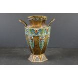 Chinese Bronze and Enamelled Hexagonal Vase with Twin Handles, 30cm high