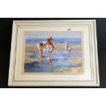 Framed oil painting - an impressionist beach scene with children looking for minnows