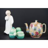 Shelley Mottled Green Glazed Cruet Set on Stand together with Royal Doulton ' Darling ' Figure