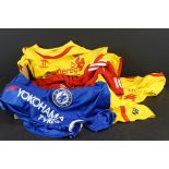 Football Shirts - Four including Two Liverpool Yellow and Red, Liverpool Red and Chelsea Blue 13-