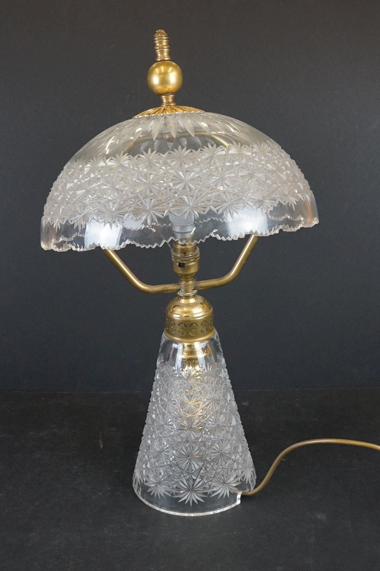 Cut Glass Mushroom Table Lamp and Shade with brass mounts, 56cm high